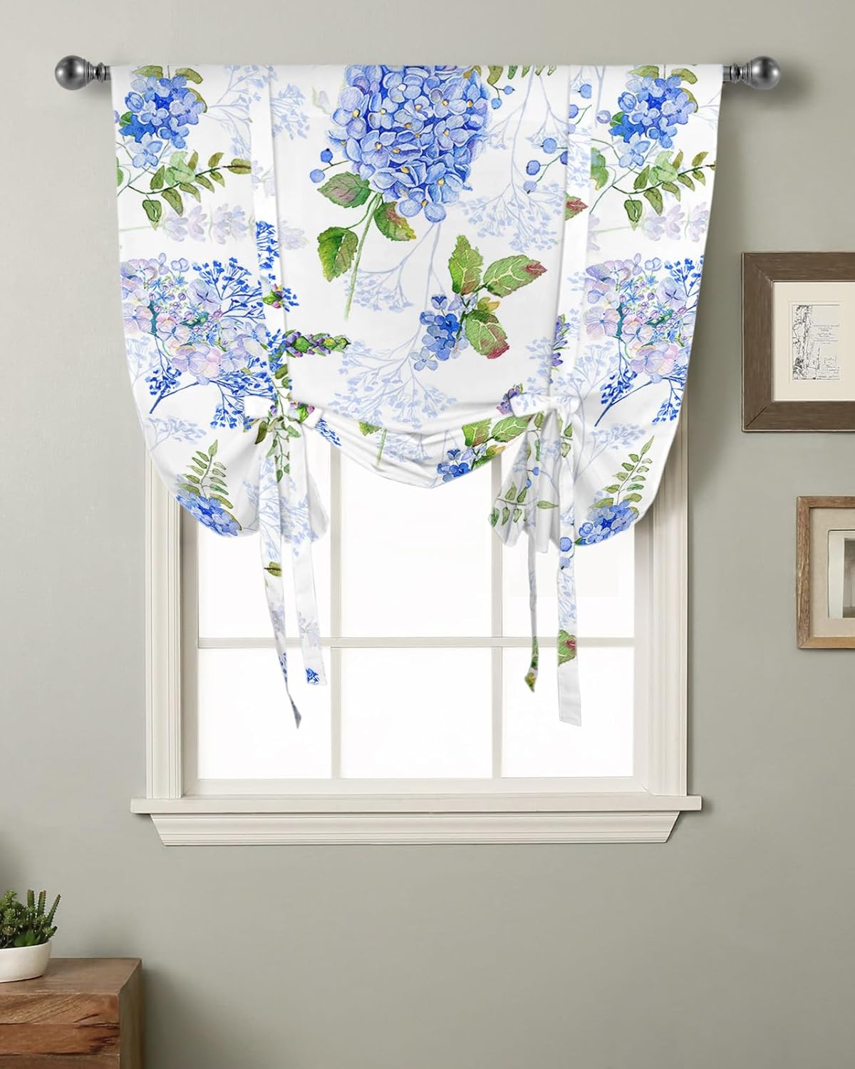 Watercolor Blue Hydrangea Flowers Tie Up Window Shade Curtain Blossom Floral Leaf Botanical Kitchen Adjustable Balloon Curtains Shades Drape 34x45In for Living Room/Bedroom/Cafe Windows Summer