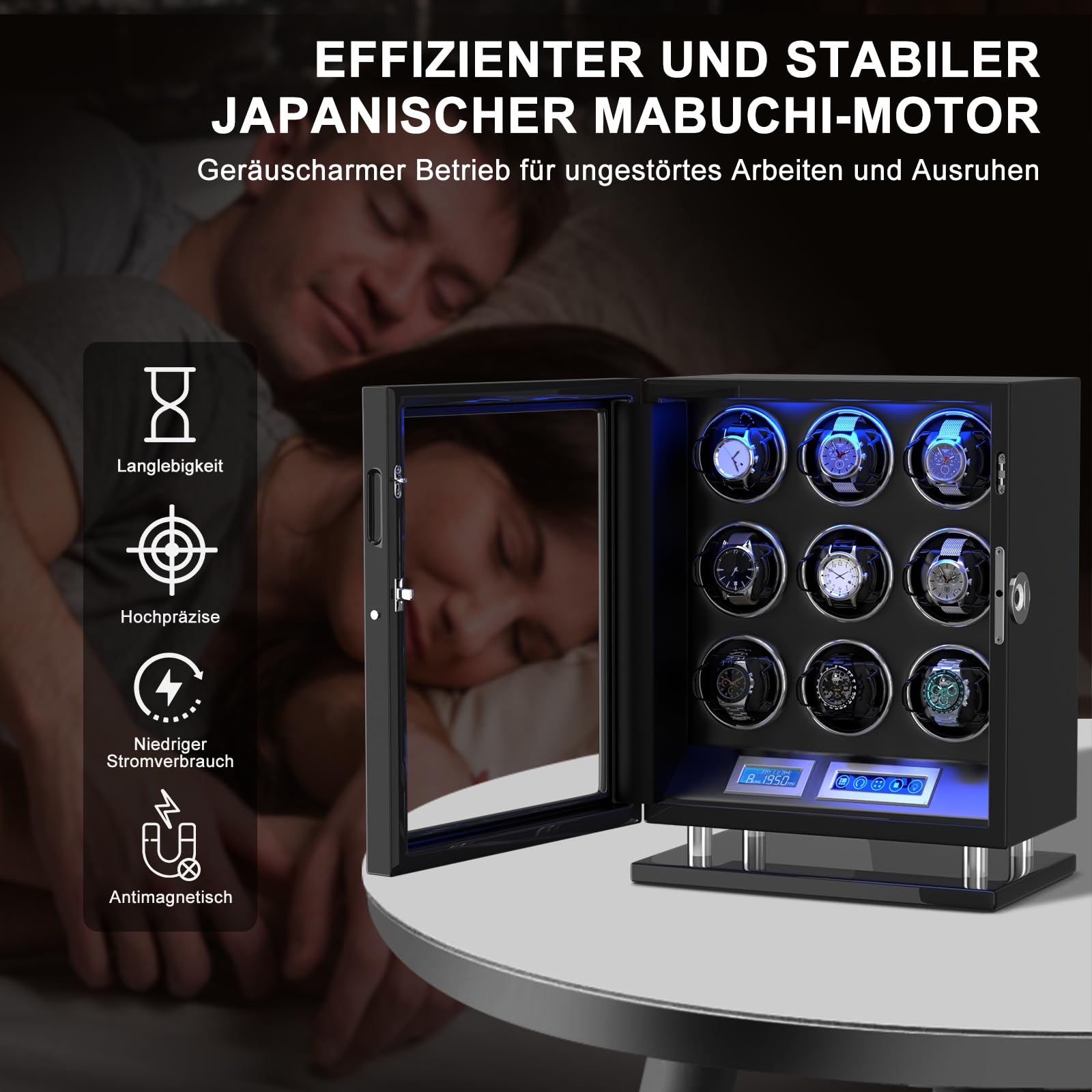 XTELARY Uhrenbeweger, Fingerabdrucksperre Automatischer Uhrenbeweger für 3/4/6/8//9/12 mit LCD-Touchscreen, Fernbedienung, Blauer LED, Leisem Motor und Verstellbaren Uhrenkissen für Herren und Damen
