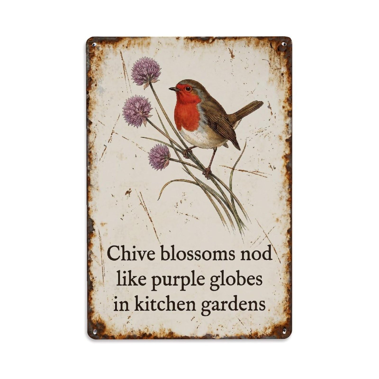 Yrnq Vintage Style-22 Robin Bird Garden Quote Chive Blossom Vintage Metal Tin Sign Plaque Wall Decor For Cafe, Club, Garden Round Metal Poster 8X8inch