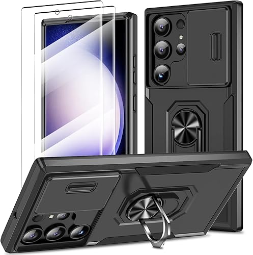 Funda para Samsung Galaxy S23 Ultra con cubierta deslizante para cámara y 2 protectores de pantalla, grado militar, a prueba de golpes, con soporte