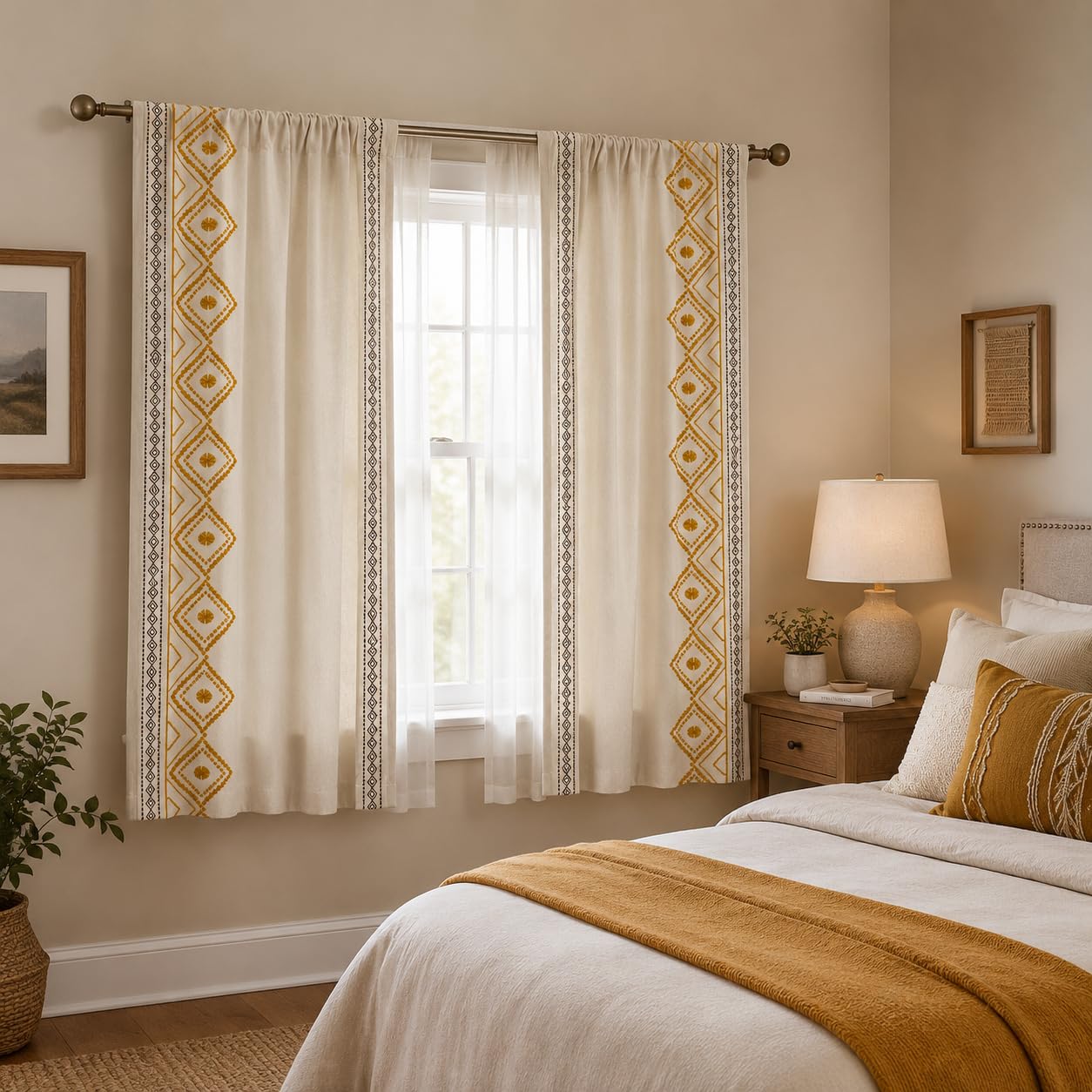 ColorBird Lot de 2 Rideaux bohèmes brodés en Coton et Lin avec Passe-Tringle pour Salon, Chambre à Coucher, Salle à Manger (132,1 x 160 cm (l x L), Jaune)