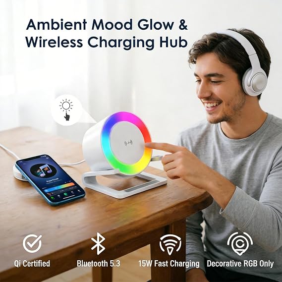 Qoosea 15W Wireless Charger with Bluetooth Speaker and Night Light Induction Wireless Chargers with 5 RGB Light Modes Touch Dimmable Bedside Lamp Gifts for Women and Men