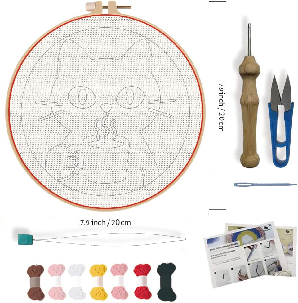 FREEBLOSS DIY Coffee Cat Punch Needle Kit for Beginners Embroidery Punch Needle Starter Craft Set with Instructions Frame Embroidery Kit for Adults Gift Decoration, 7.9"/20cm