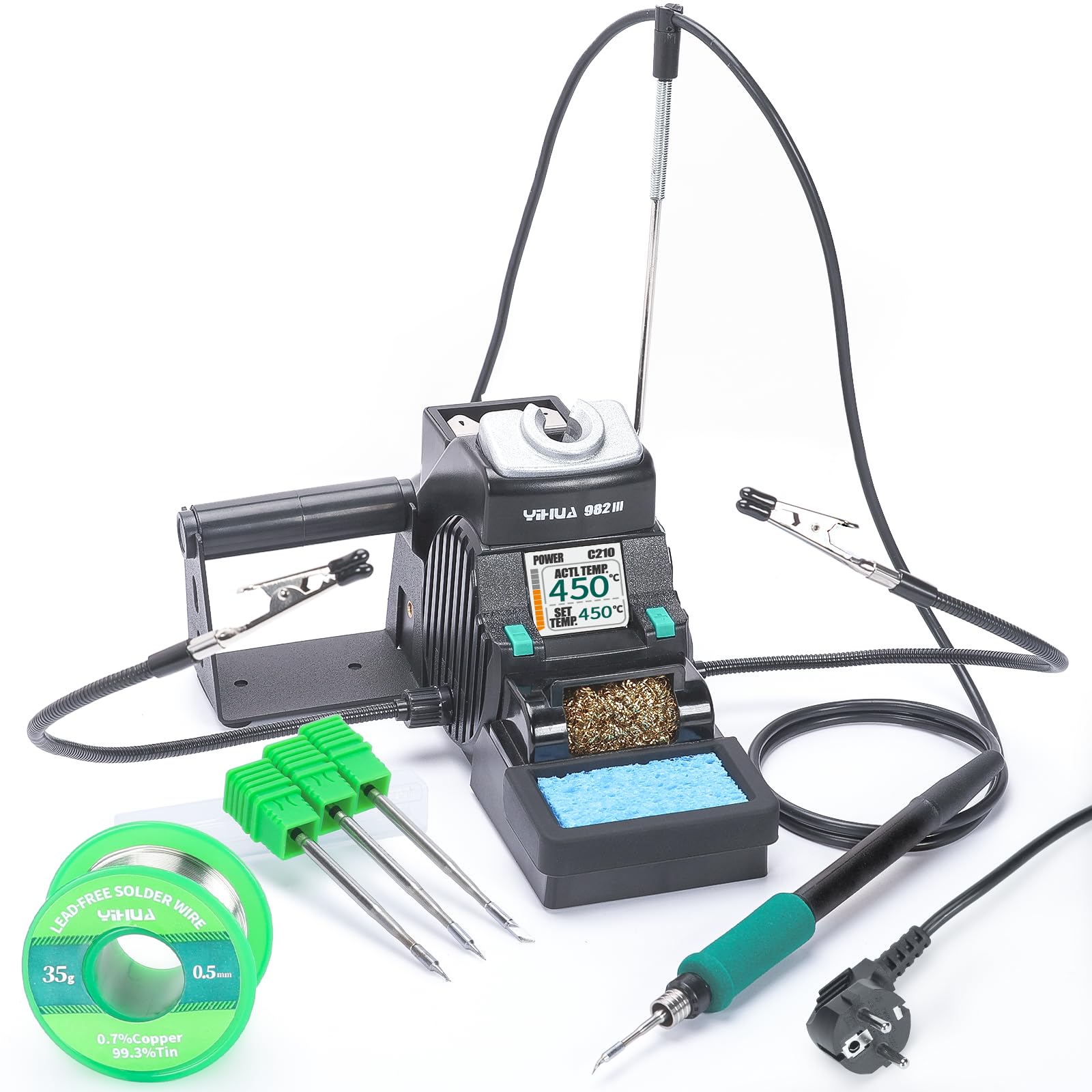 YIHUA 982-III Kit de estación de soldadura de precisión compatible C210 incluye 3 soldador estaño C210 alambre de soldadura sin plomo modo de reposo modo de espera automático pantalla a color completa