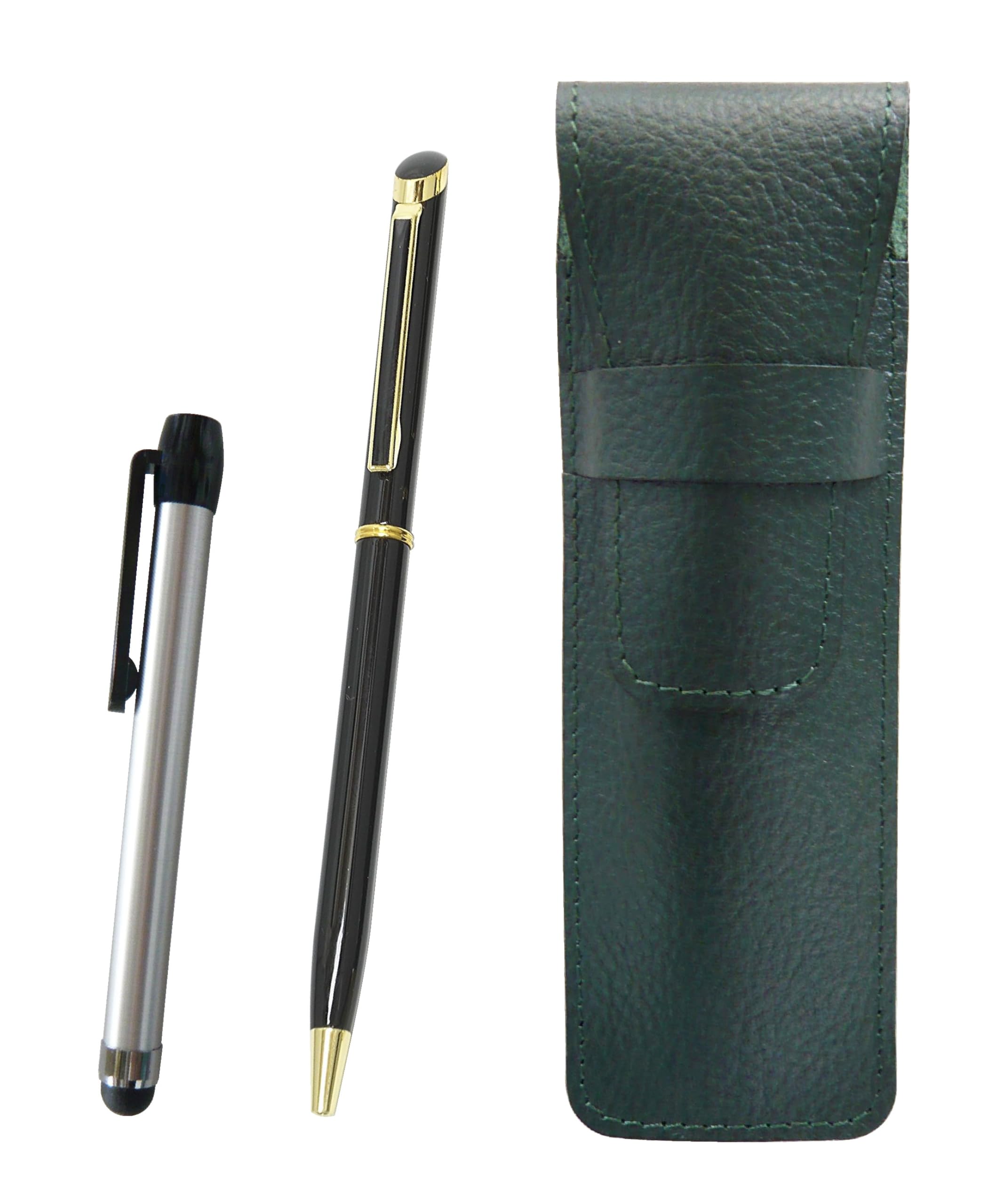 タキザワ SASMG-ALST-WD002-B Grain Leather Pencil Case Moss Green Metal Touch Stick Silver and Epoxy Rotating Ballpoint Pen Set Black