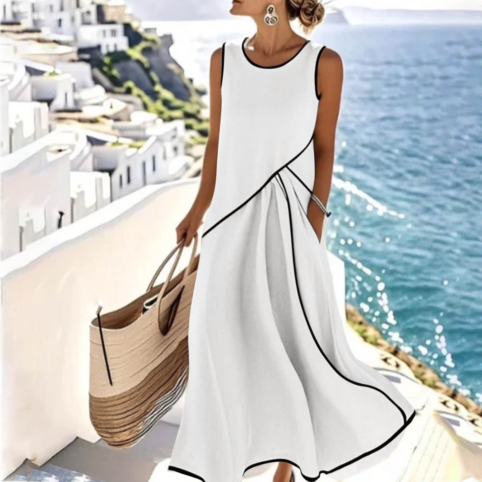 AEGJEGVD Strandkleid Damen Sommer, Leinenkleider Ärmellos Sommerkleid Leicht Und Luftig Elegant Rundhals Leinenkleid Maxi Blusenkleid Locker Einfarbig Shirtkleid Spitze Musselin Kleid Mit Taschen