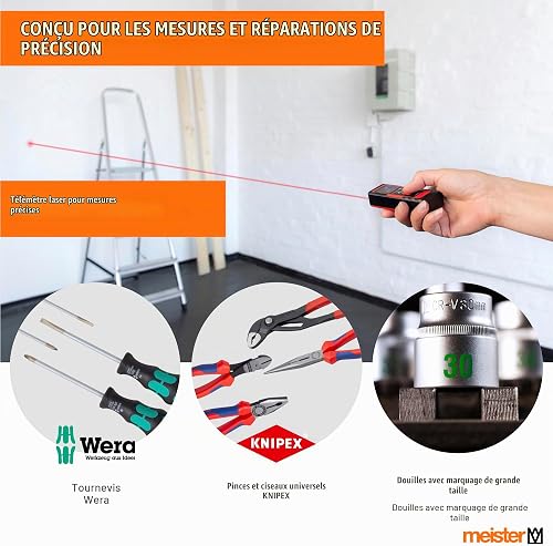 Meister 8973770 Tool Boîte à outils professionnelle remplie de qualité Knipex & Wera, manche télescopique sur roues - 4