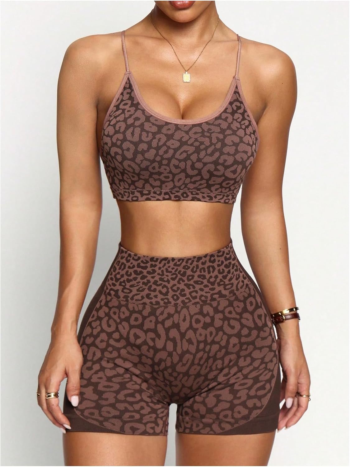 Verdusa Women's 2 Piece Workout Gym Sets Leopard Bras with Shorts Active Wear Pilates Outfits
