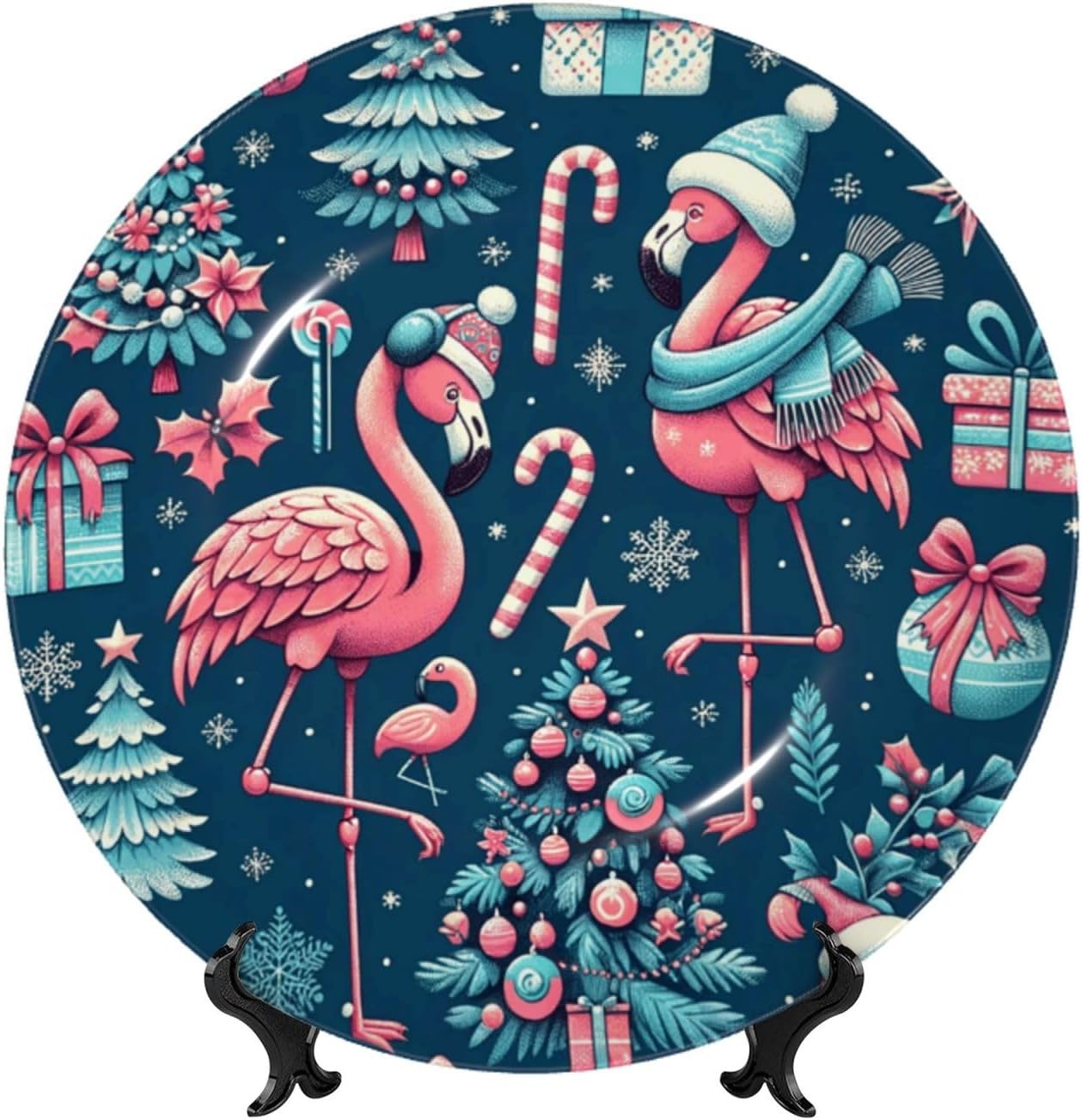 Flamingo-Christmas-Snowflake 10 Inch Decorative Plate With Stand, Elegant Display Wall Plate For Home Decor