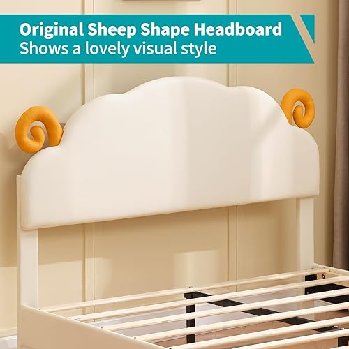 Miniatura 3 de BALUS Cama infantil con cabecera tapizada en forma de oveja, cama matrimonial para niños, plataforma moderna de perfil bajo, no necesita somieres