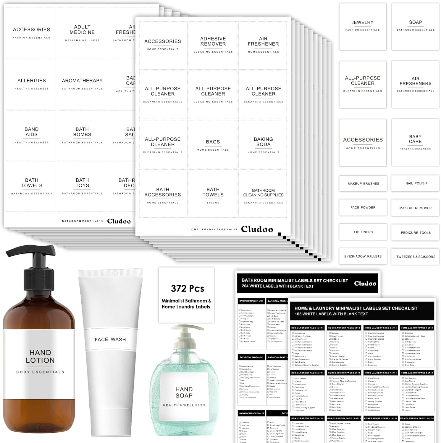 Cludoo 372 PCS Preprinted Minimalist Home Laundry Bathroom Labels for Organizing with DIY Blank Labels, Waterproof Oil Resistant Stickers for Bathroom Laundry Home Beauty Organization Supplies Labels