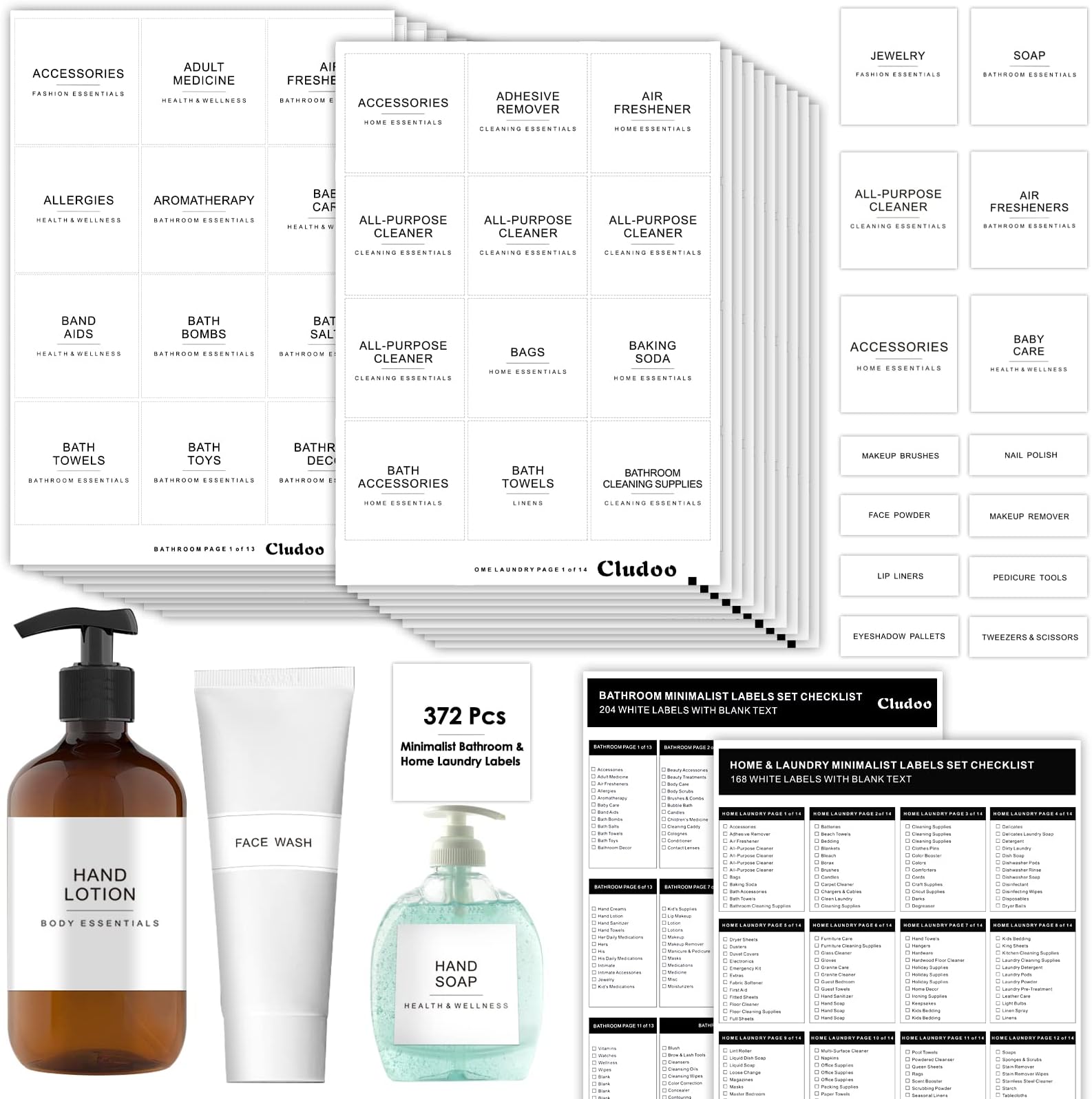 Cludoo 372 PCS Preprinted Minimalist Home Laundry Bathroom Labels for Organizing with DIY Blank Labels, Waterproof Oil Resistant Stickers for Bathroom Laundry Home Beauty Organization Supplies Labels