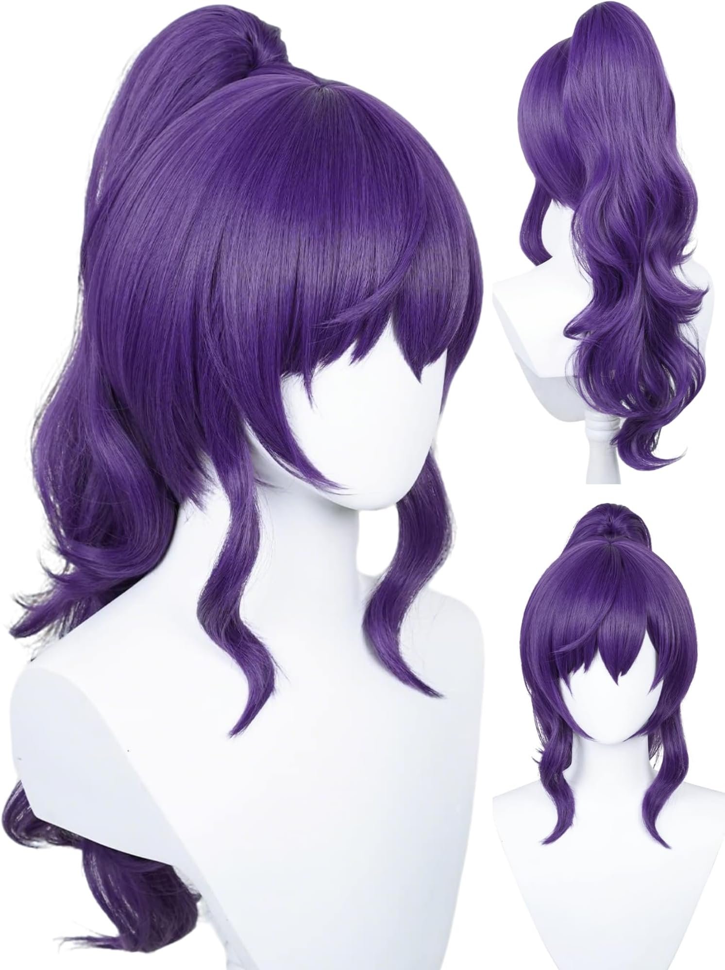 Half and Half Purple Ponytail Anime Wig with Bangs 23.6'' Long Curly Dark Purple Cosplay Wig Purple Game Nin-ja Costume Pigtail Wigs for Women Halloween Costume Party