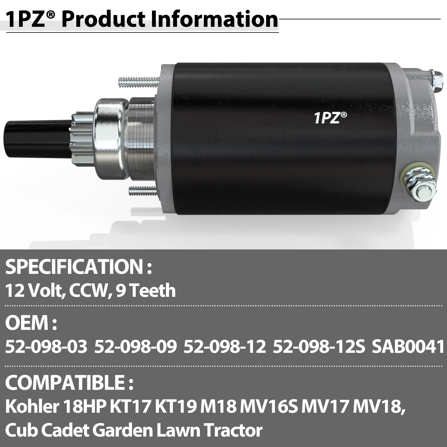 1PZ KL1-ST8 Electrical Starter Motor Replacement for Kohler 18HP KT17 KT19 M18 MV16S MV17 MV18 Cub Cadet Garden Lawn Tractor 410-21008 1770540 1819040 1819040-M030SM 5213140-M030SM 5666240-M030SM