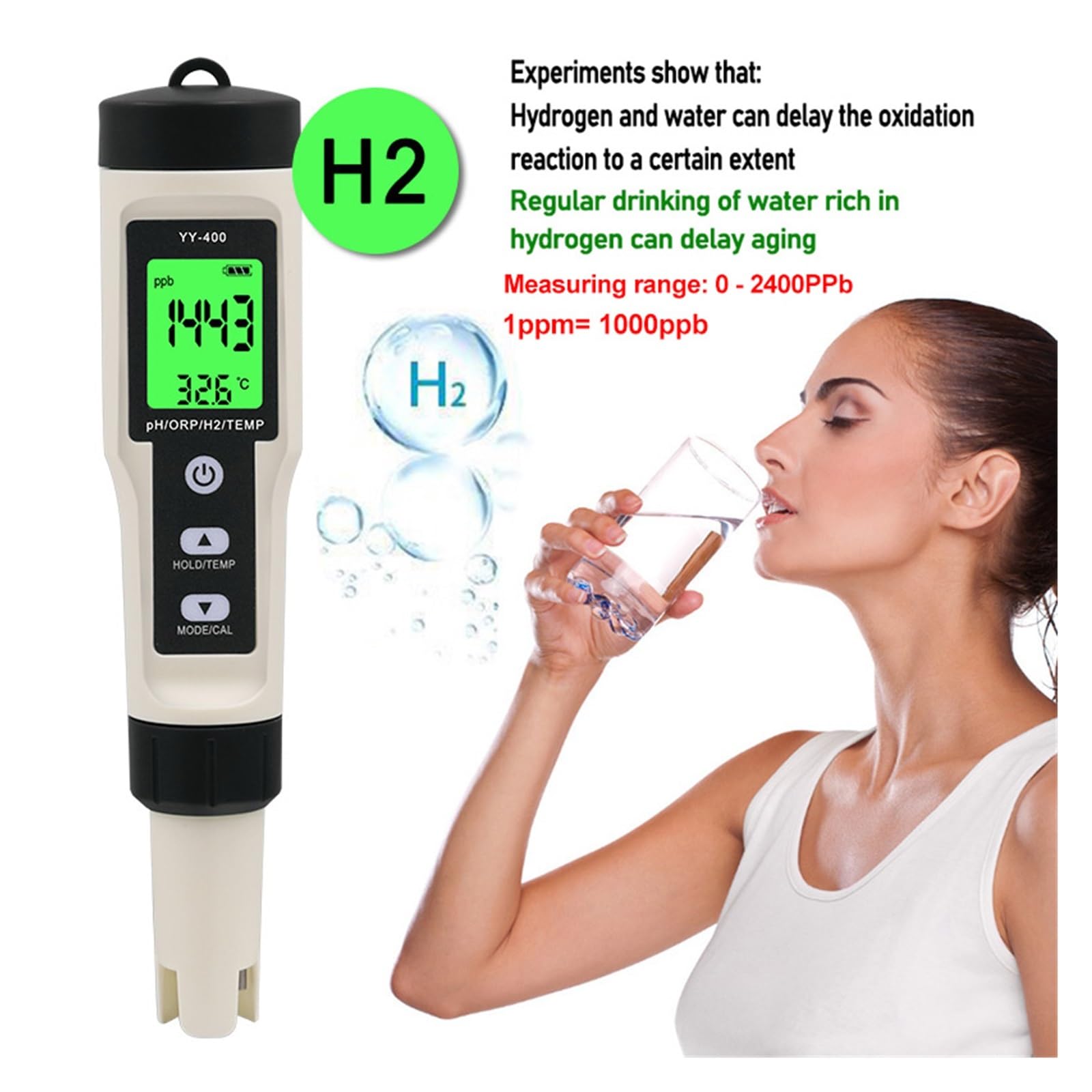 4 In1 H2/PH/ORP/Temp Misuratore di qualità Acqua Tester for Piscine Acquari Potabile Penna Misurazione Ricca Idrogeno Rilevamento Rapido E Preciso(Wth Backlight)