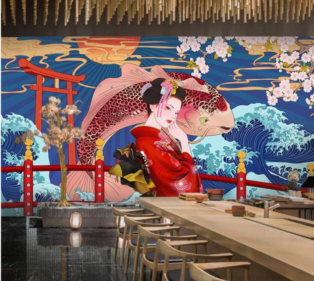 Papier peint japonais design Ukiyo-e, grand décor mural de restaurant sushi et cuisine moderne