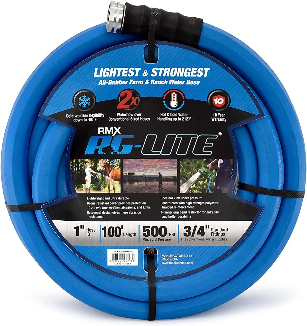 BluBird AG-LITE BSALONE100 1" x 100' Hot/Cold Water Rubber Garden Hose, 100% Rubber, Ultra-Light, Super Strong, 500 PSI, 50F to 190F Degrees, High Strength Polyester Braided, 2x Water Flow