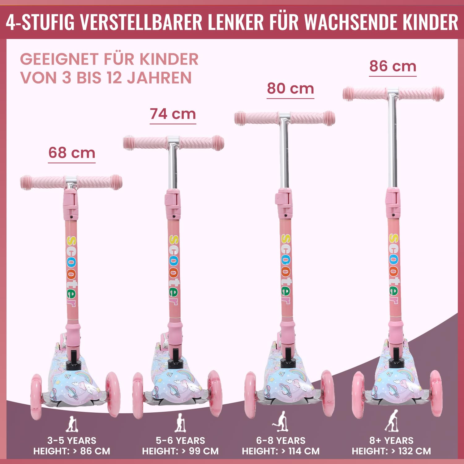 Habib Kinderroller, Tretroller ab 3 Jahre, Faltbar, Höhenverstellbar, LED Leuchträder, Bis 50kg, Für Jungen & Mädchen