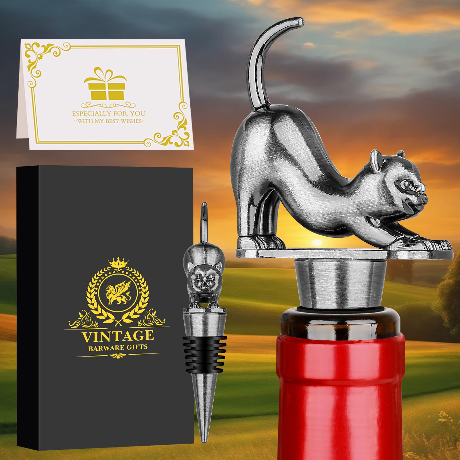 LKKCHER Cat Wine Bottle Stopper, Gifts for Cat Lovers, Silver with Gift Box