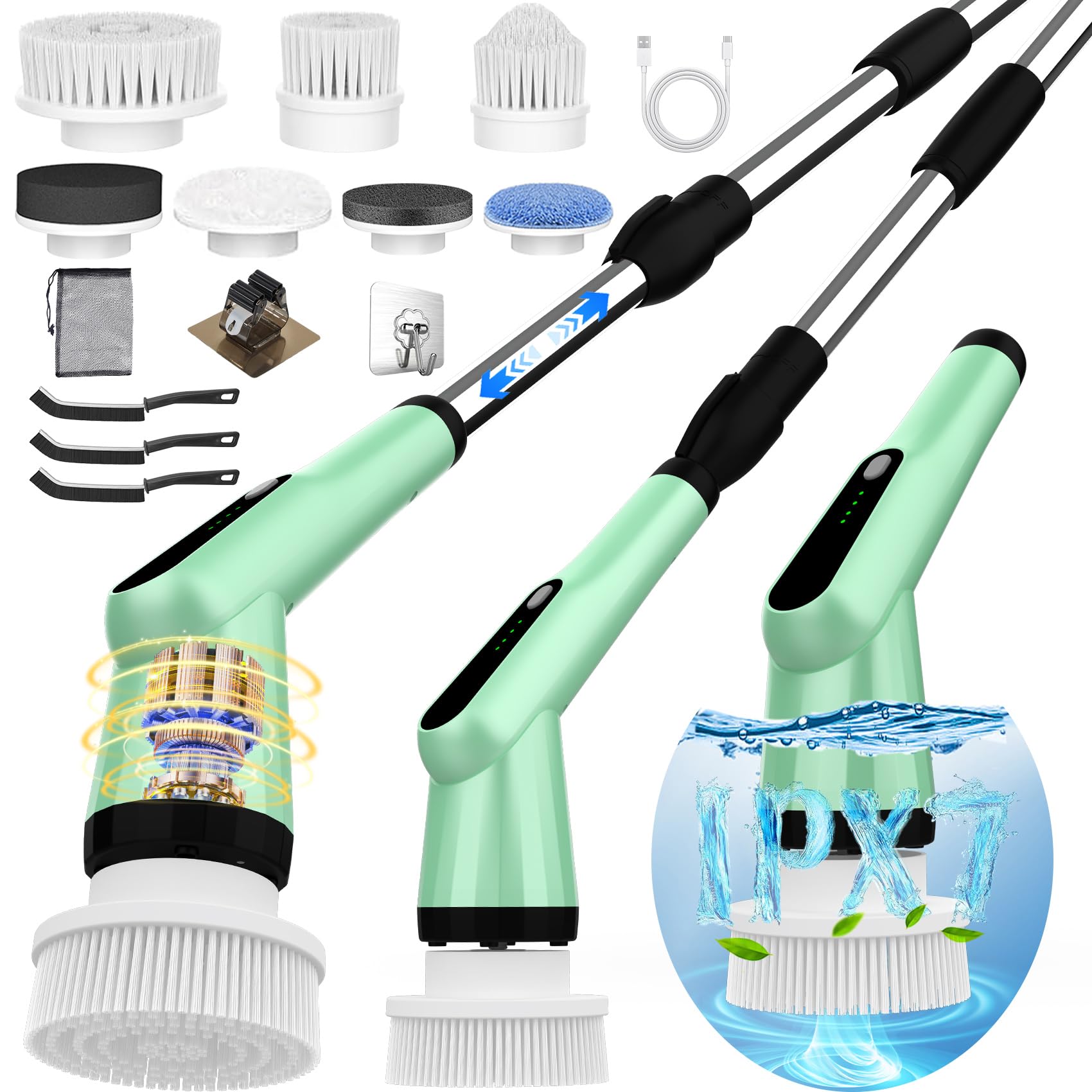 Electric Spin Scrubber, Dreazu IPX7 12-in-1 Bathroom Scrubber, Retractable Handle, 2-Speed Adjustable Shower Cleaner Brush for Bathroom, Bathtub, Kitchen, Tile Floors-Green