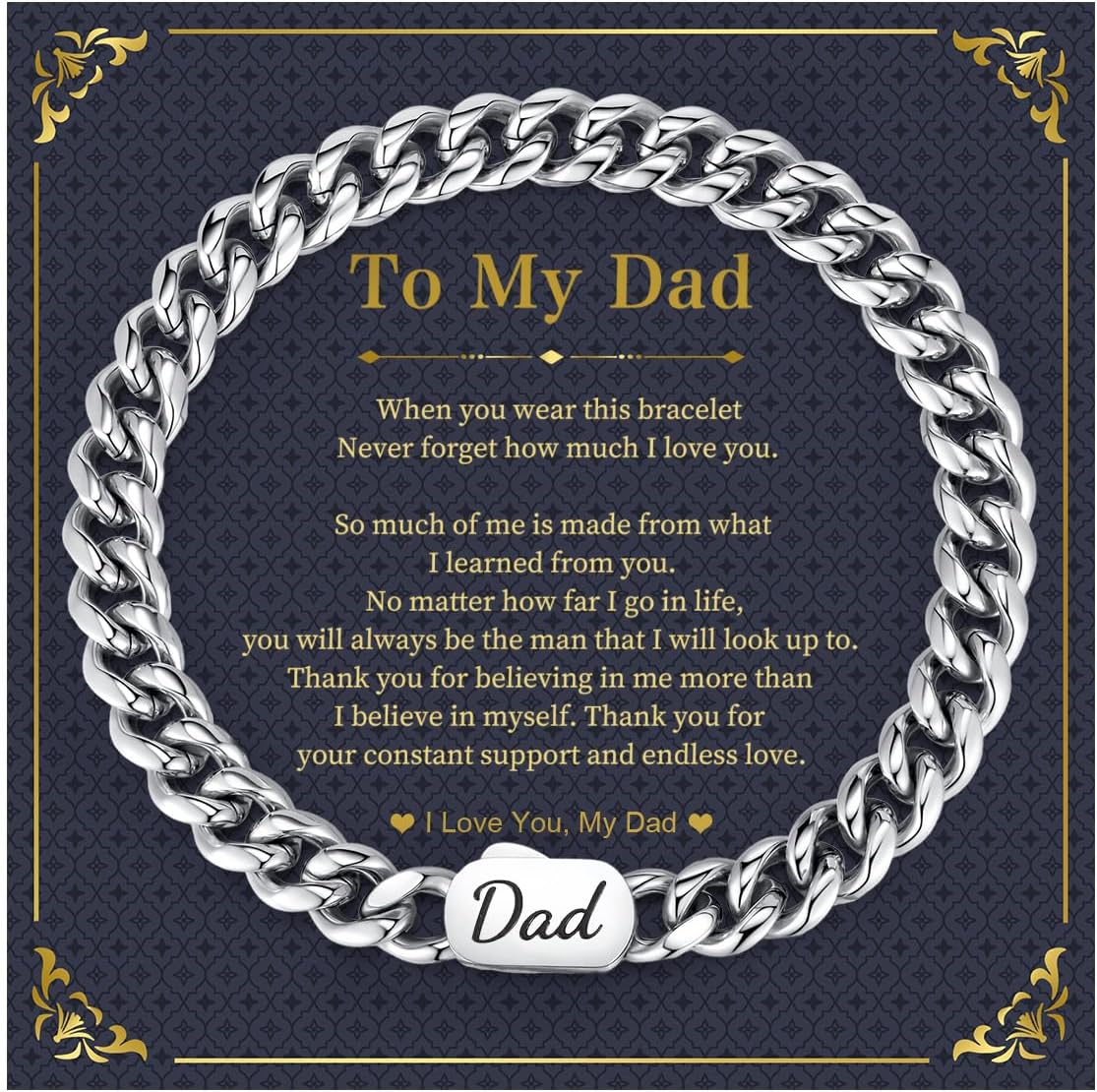 FLHEART Bracelets for Men Gifts Ideas, Stainless Steel Cuban Link Non Tarnish Bracelet Silver for Brother Dad Man Husband Uncle Son, Christmas Day Stocking Stuff Send Gift Box