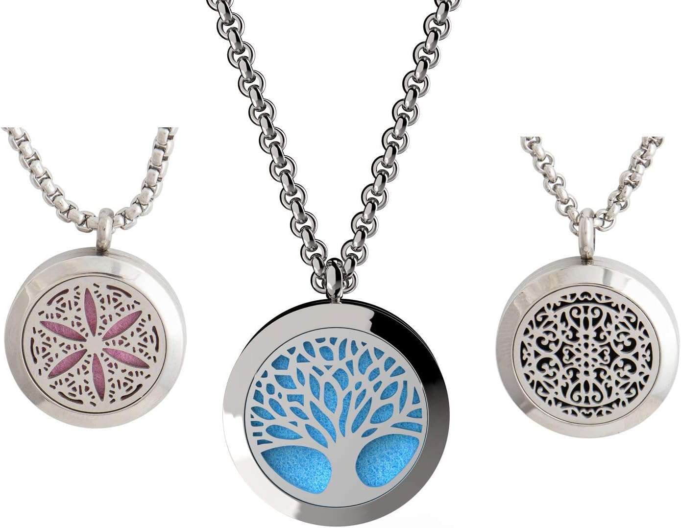 Wild Essentials 3 Necklace Set, Tree of Life, Flower of Life, Wrought Iron Essential Oil Diffuser Necklace Stainless Steel Locket Pendants with 24 inch Chains, 36 Refill Pads, Color Changing Jewelry