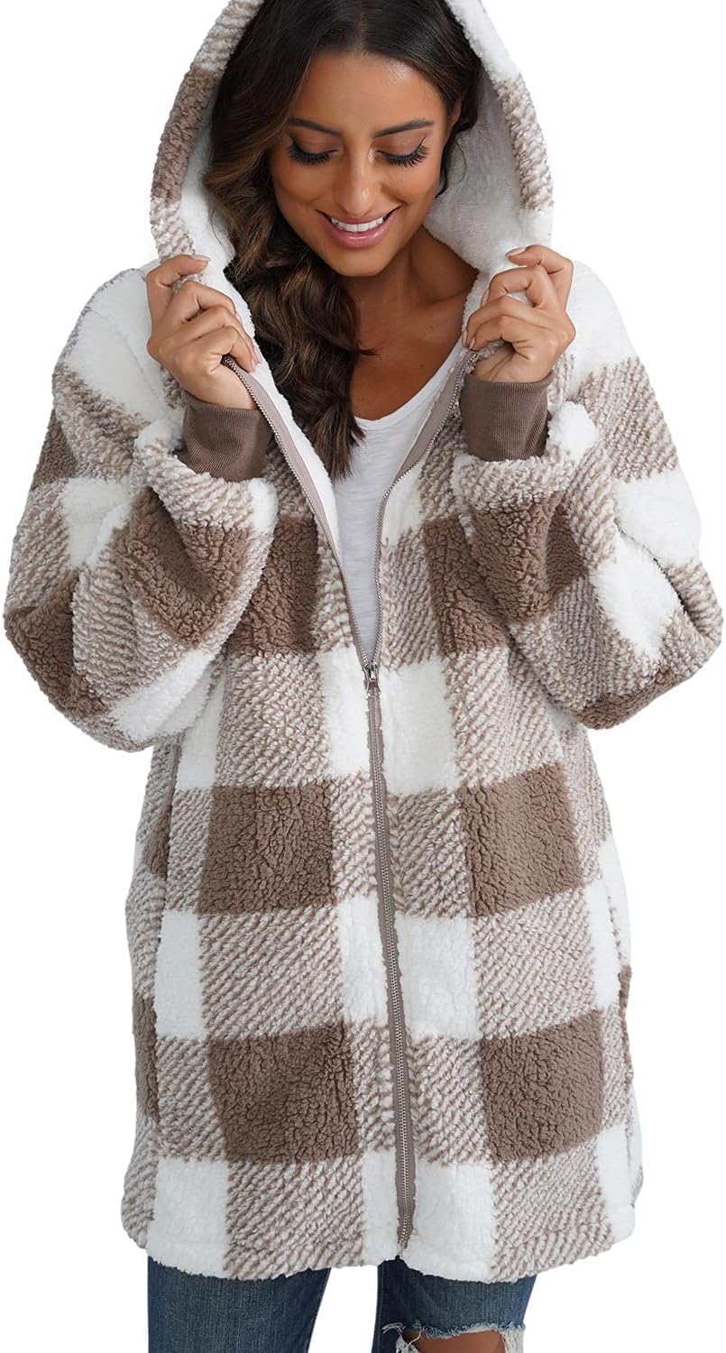 ReachMe Womens Fleece Zip Up Jacket with Pockets Oversized Long Sherpa Hoodie Fuzzy Jackets Warm Teddy Coat - Image 3