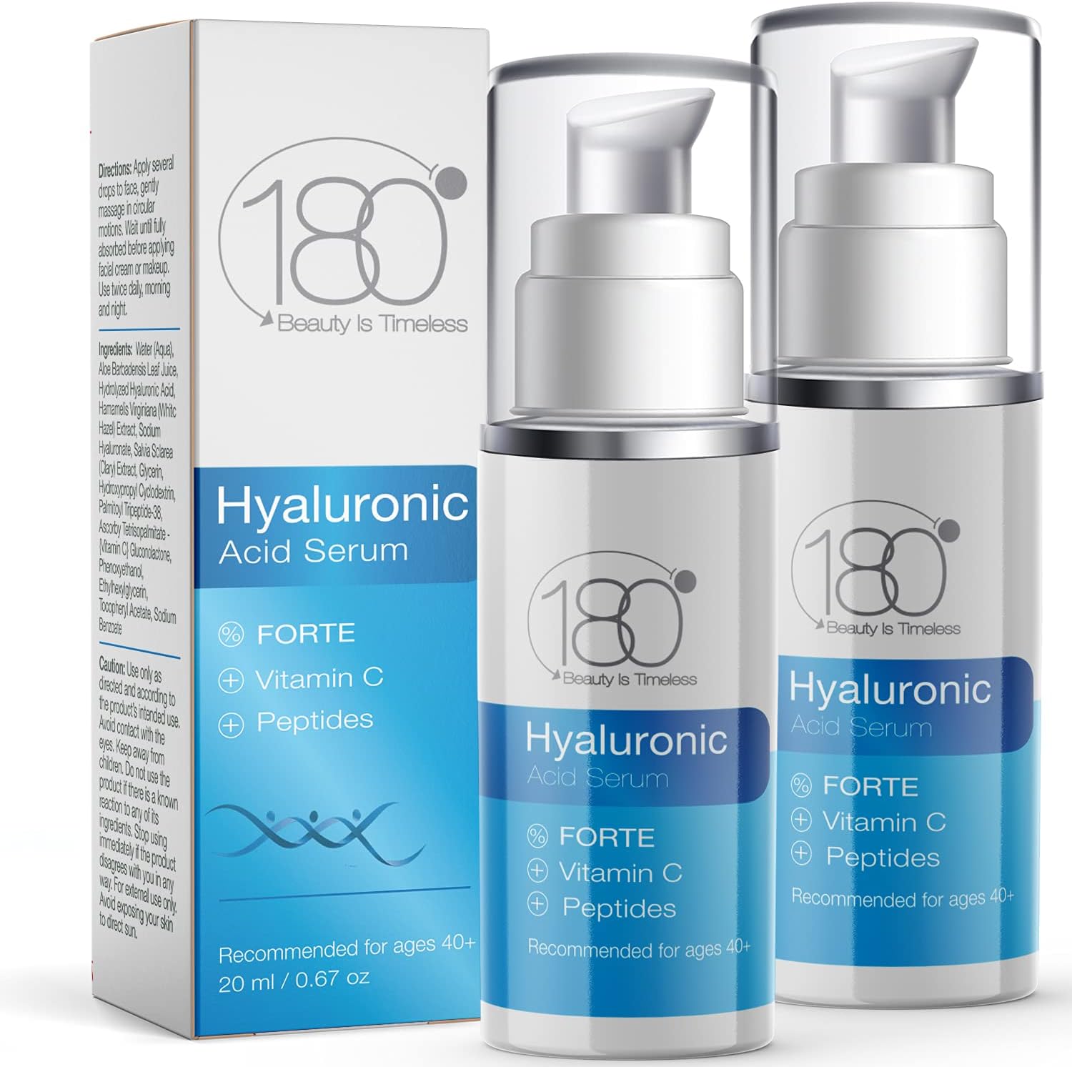 Hyaluronic Acid Serum for Face - Forte Triple Moisturizing Formula with Vitamin C by 180 Cosmetics - Smooth & Rejuvenate Pure Anti Aging Facial Moisturizer for Women - Face Wrinkle Remover - 2 Units