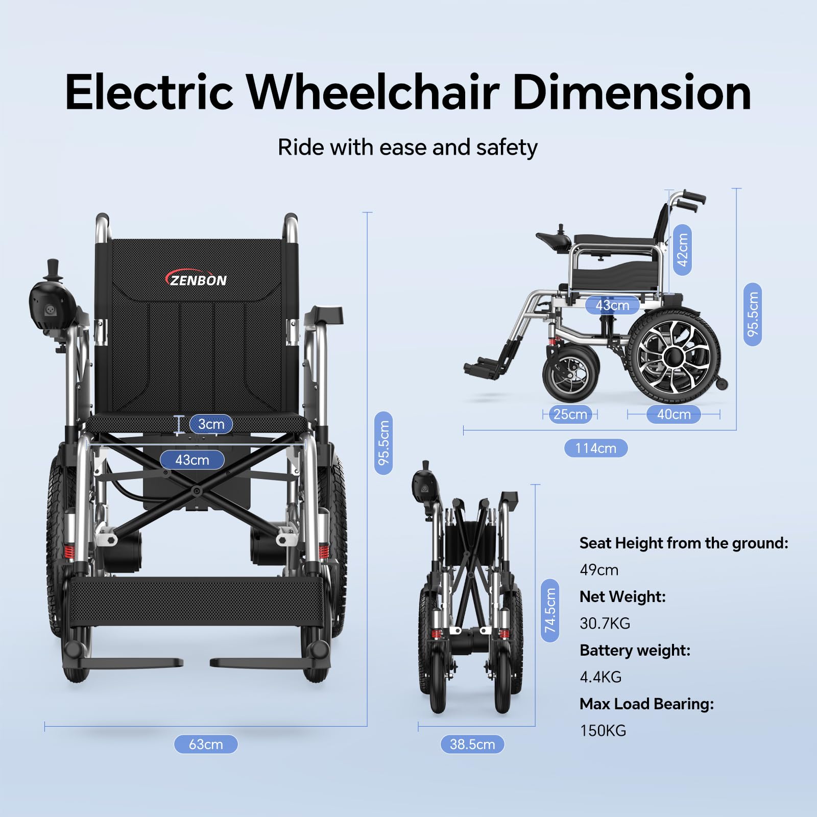 Silla de ruedas eléctrica plegable hasta 150 kg, 30 km