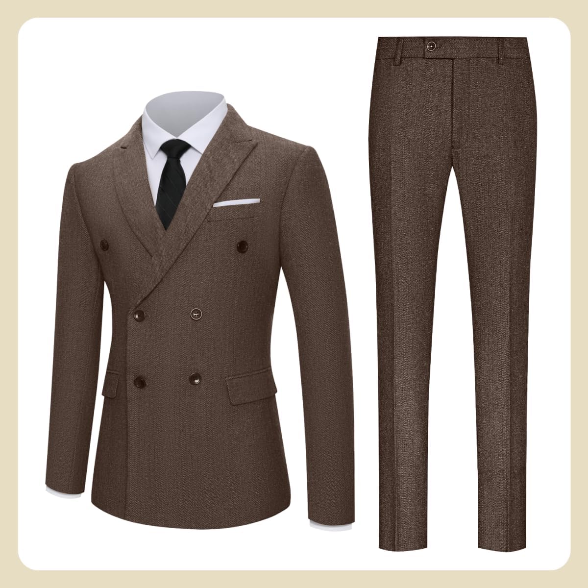 Retro Herringbone Tweed Men Suit Formal Slim Fit Double Breasted 2 Piece Suit Jacket Pants Mens Prom Wedding Tuxedo Set