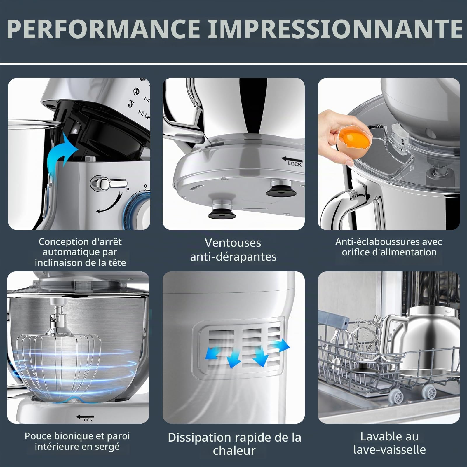 Robot Patissier, 2000W Robot Cuisine Multifonctions 6,5L Faible Bruit | Robot Pétrin Professionnel avec Crochet Pétrisseur, Batteur, Fouet à Fil, Couvercle, 6+P Vitesses
