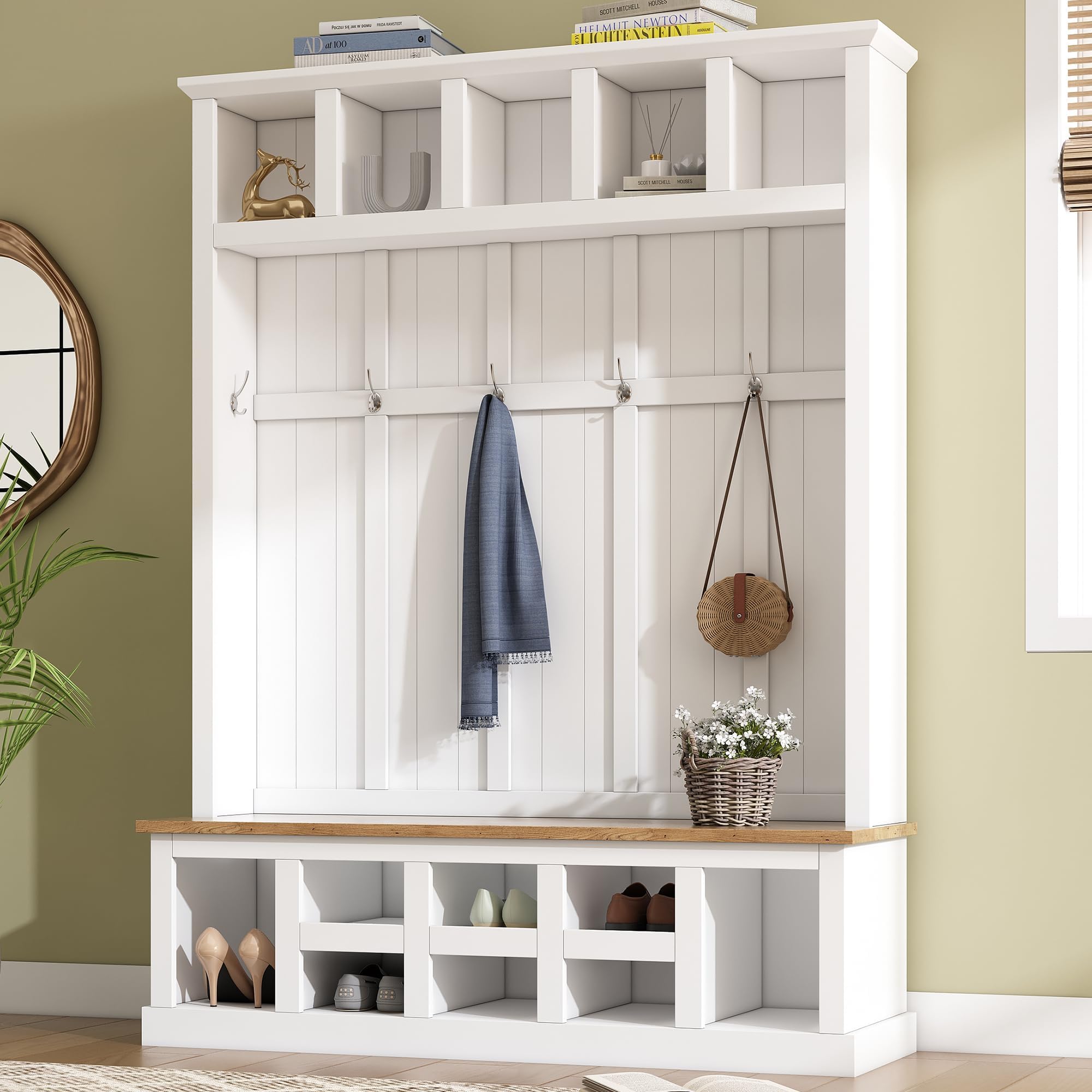 Merax Wood Hall Tree Entryway Bench with Storage Cabinet, 6 Hooks Coat Racks for Entrance, Hallway White
