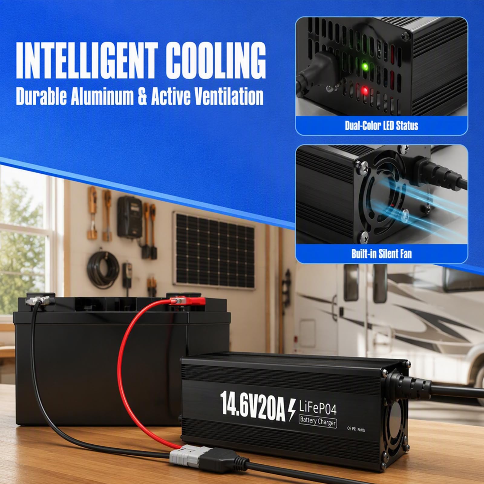Chargeur de batterie LiFePO4 14,6 V 20 A, intelligence automatique à 3 niveaux, chargeur LiFePO4 12 V AC-DC, chargeur LiFePO 4 pour batteries au lithium LiFePO4 Deep Cycle de ménage, système