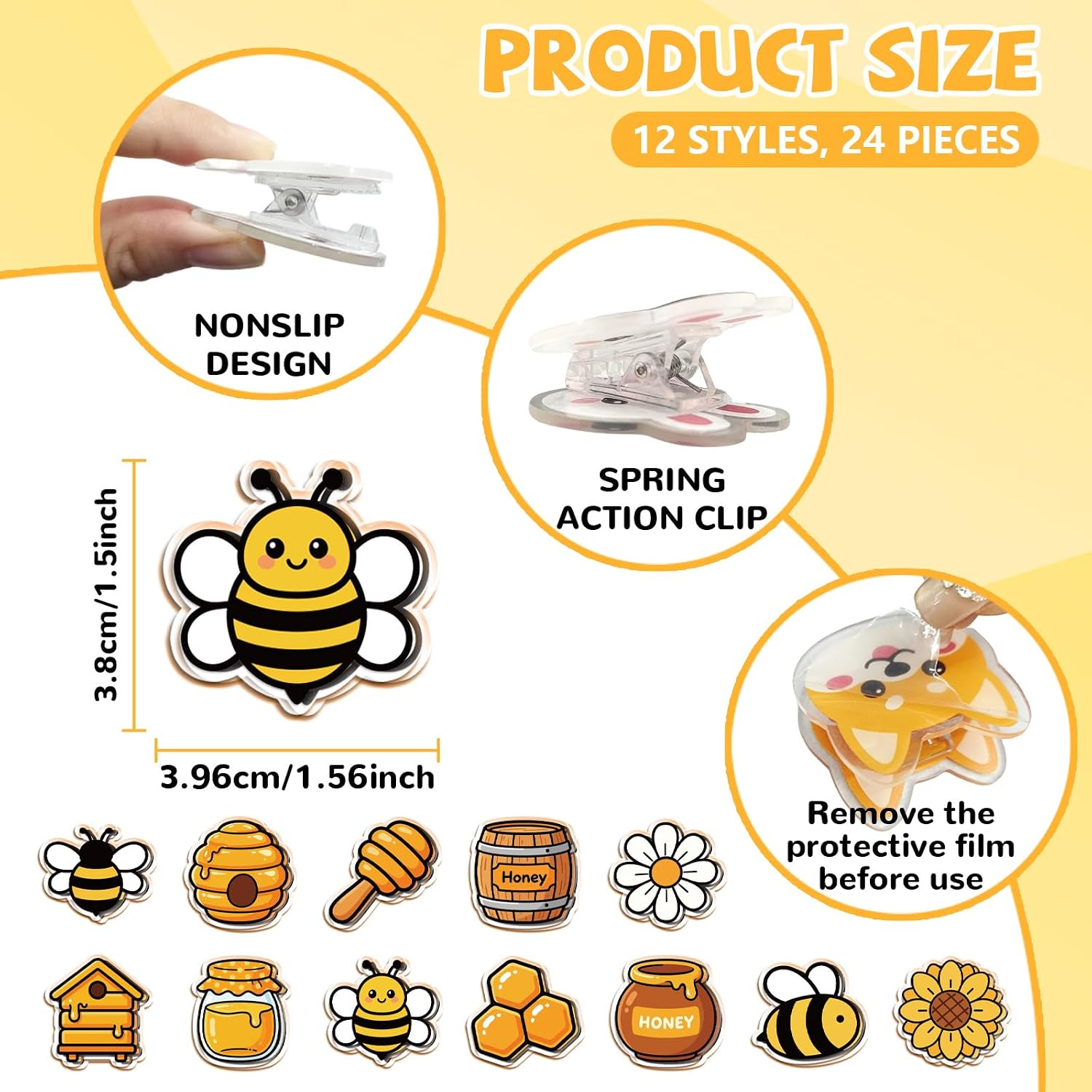 MAYJOYDIY 24Pcs 12 Styles Bee Honey Acrylic Bag Clips Beehive Honeycomb Bag Sealer Sealing Closures Daisy Sunflower Acrylic Chip Clips Funny Home Office Holders for Snack Sac Book Photo image 3