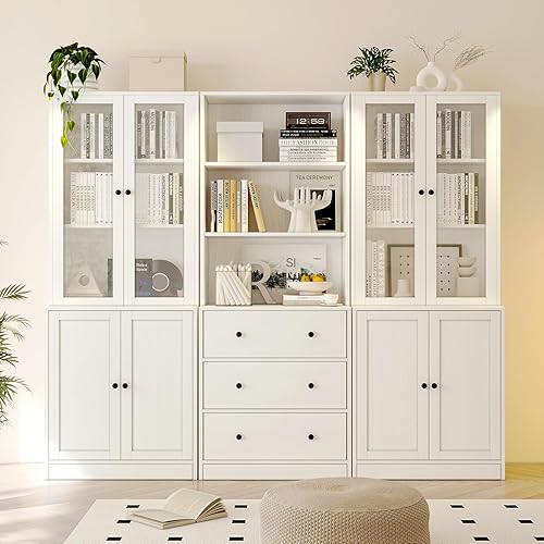 TUSY 71" Bookshelf Bookcase, 3-Tier Modern Bookshelves 3 Large Drawer, Wood Filing Cabinet with Open Storage Shelf, Glass Doors 5-Tier Fixed Storage Shelves for Home Office