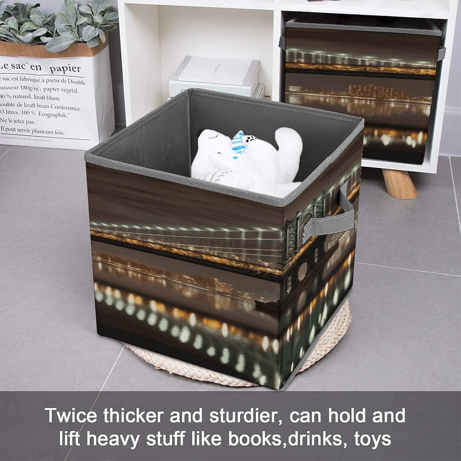 New York Manhattan Bridge Night Fabric Bins Storage Basket Square Baskets | Storage Bin with Double Handles,Cube Collapsible Organizers for Organization,Closet,Shelves,Offices