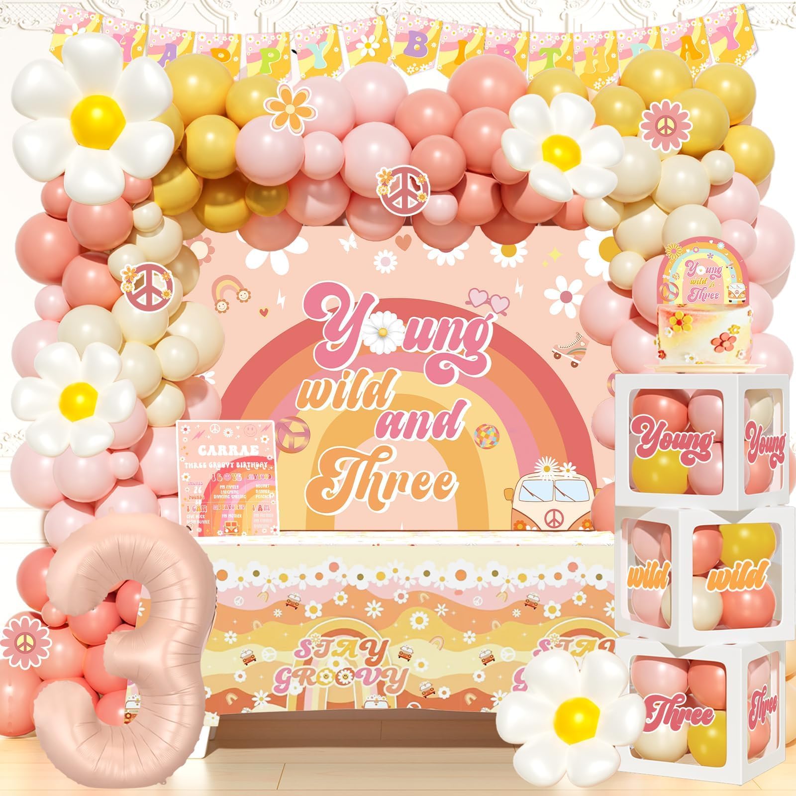 Photo 1 of ***MISSING BALLOONS***Party Inspo Young Wild and Three Decorations Girl, 3rd birthday decorations for girl, Boho Groovy Daisy Hippie 3rd Party Decorations, Backdrop Balloon Garland Banner Cake Topper Box Cutout Poster