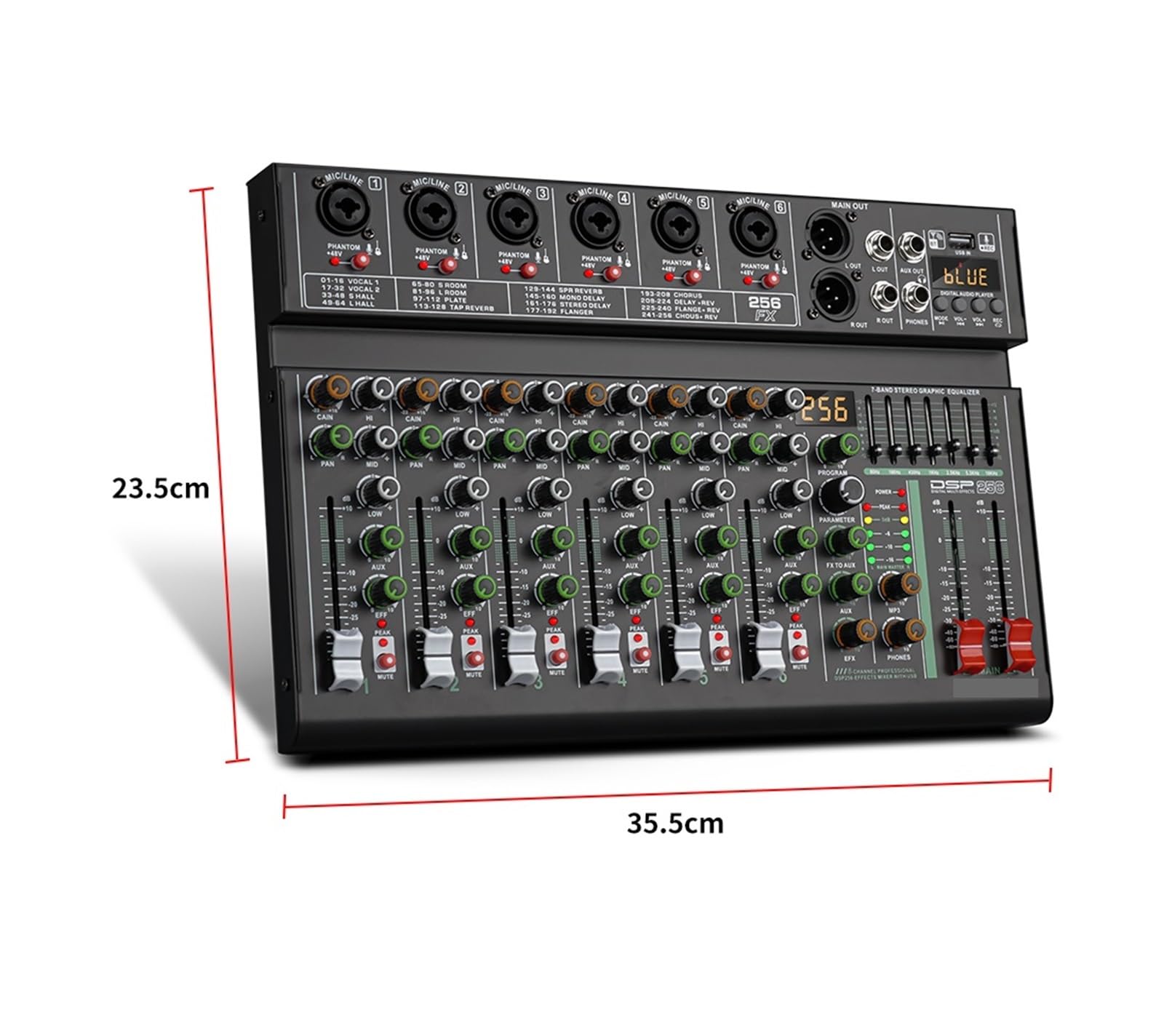 Mixer con effetti DSP a 6 canali, 256 canali, registrazione, PC, alimentazione Phantom a 48 V, mixer USB, console DJ Bluetooth, mixaggio