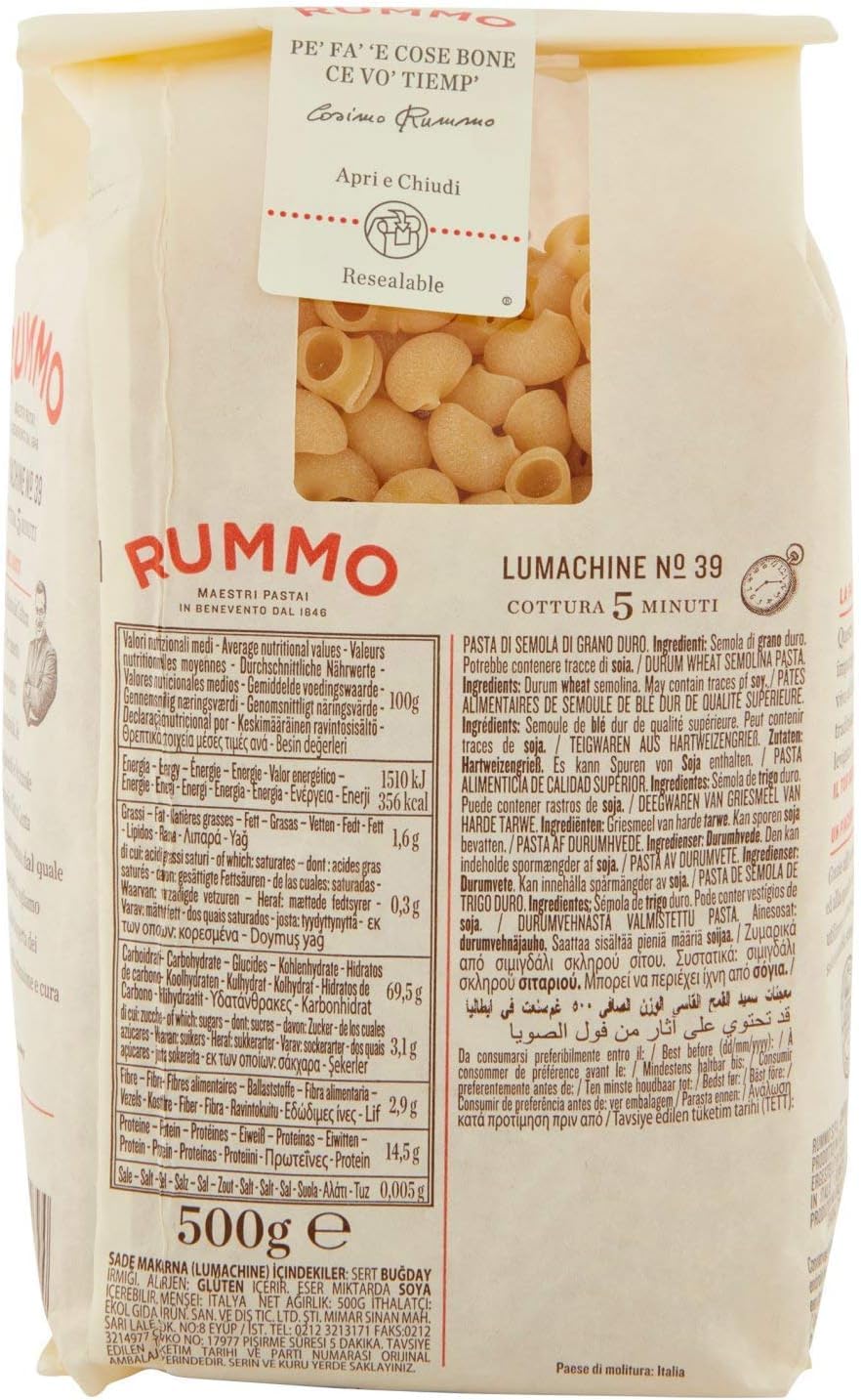 Rummo Pasta Lumachine N°39 - Lote de 16 fideos italianos de sémola de trigo duro, pasta italiana, 500 g