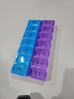 2 Pack of The 7 Day Weekly AM PM Pill Organizer, Large Pill Case Pill Box for Pills Vitamin Supplements Medication, Purple/Blue