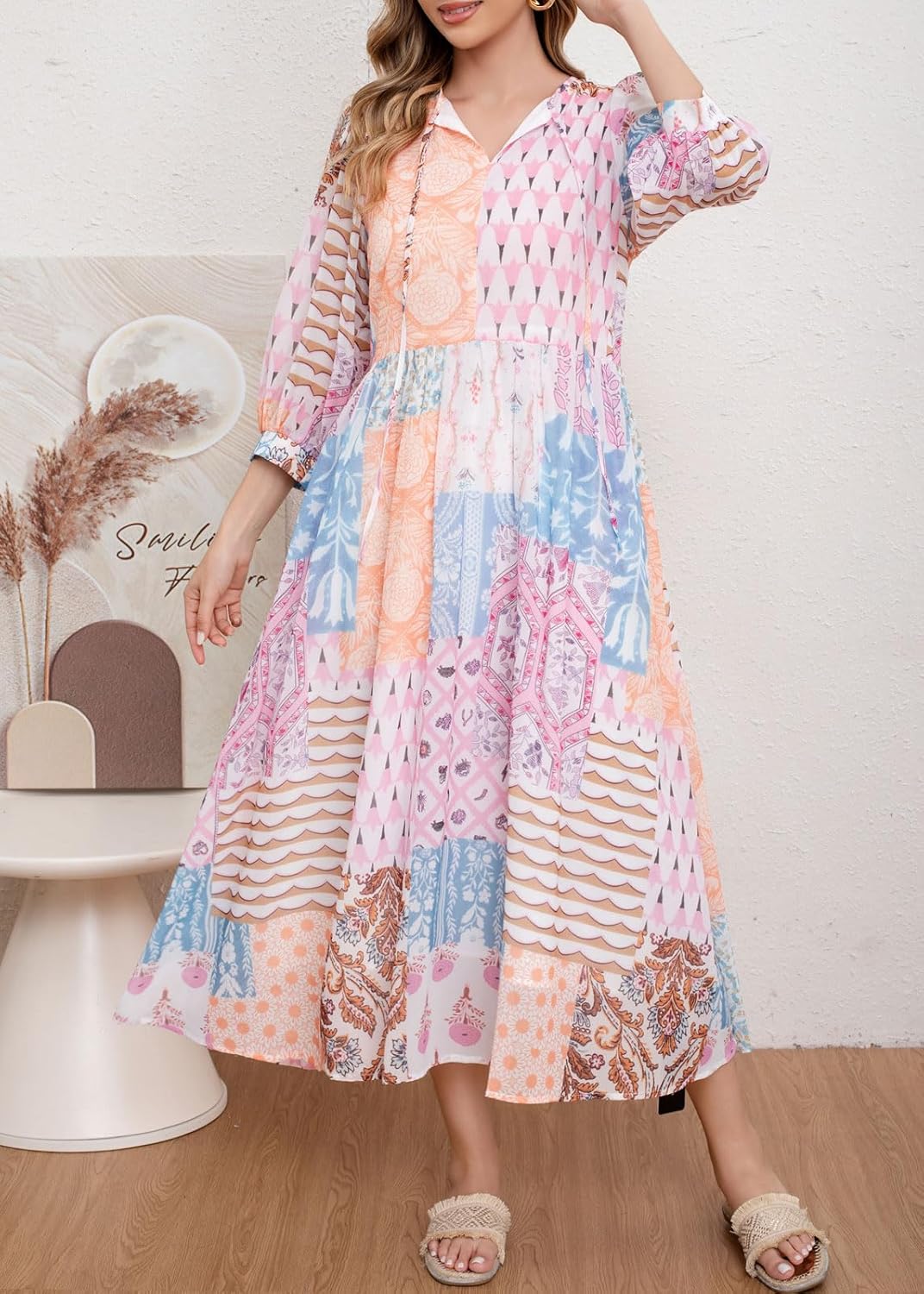 CHARTOU Women Boho Floral Printed Long Dress Summer Lantern Half Sleeve Beach Flowy Loose Swing Sundress - Image 3