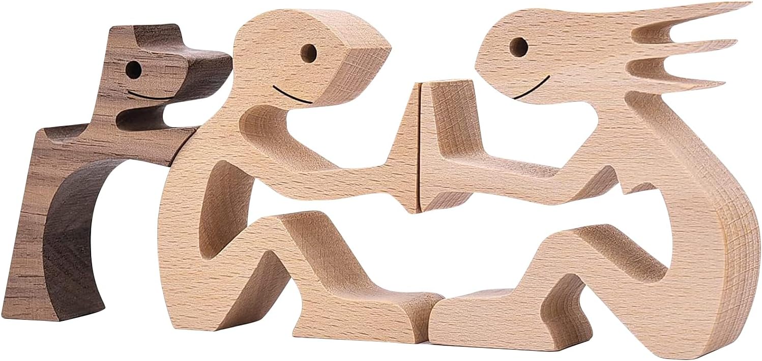 Puppy Wooden Carving Ornaments Wooden Pet Carvings Dog Natural Solid Wood Pet Dog Handmade Craft Family Crafts Creative Gifts for Office Home Living Room Desktop Holiday Decoration (Family Puppy)