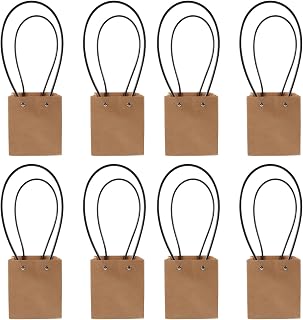 Zerodeko 10pcs Kraft Paper Floral Bouquet Bags with Handles, Medium Square Flower Wrapping Paper Bags for Florists and DIY Flower Arrangements Packaging