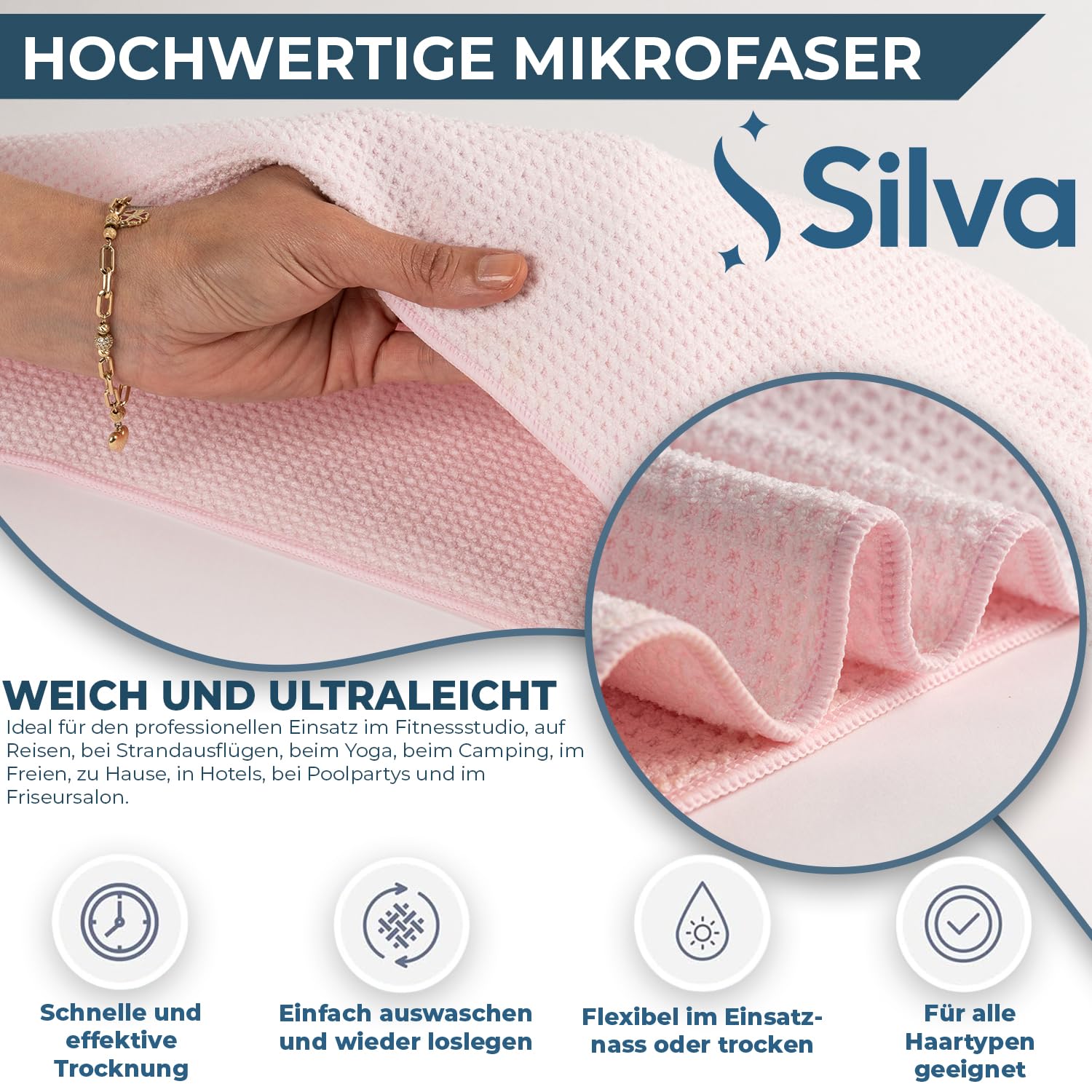 Silva – Toallas para el Pelo de Microfibra – Secado Rápido & Anti-Encrespamiento – Rosa – Suaves, Ligeras & Súper Absorbentes – Turbante Ideal para Cabello Largo – Pack de 2