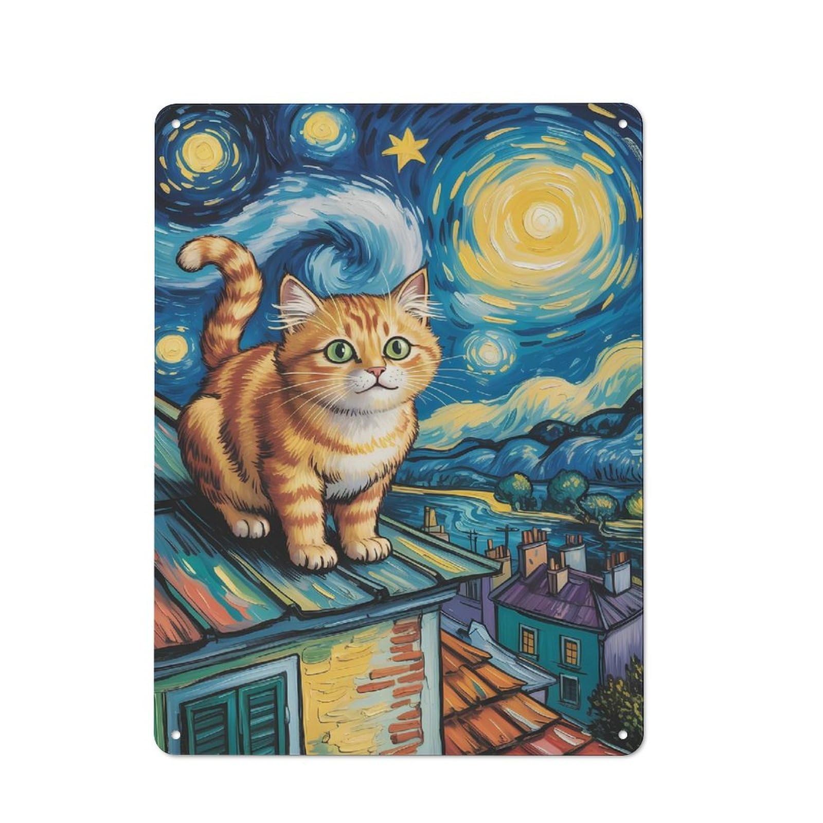 Junmoney Style-1 Urban Cat In Van Gogh Style Night Sky Decorative Metal Plaque 40X30cm, Urban Room Decor For Flat, Bar, Studio Or Gallery Wall