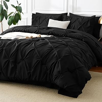 CozyLux Queen Comforter Set Black, 7 Pieces Pintuck Bed in A Bag, Premium Black Comforter Queen Size, Pinch Pleat Bedding Sets with Comforter, Sheets, Pillowcases & Shams