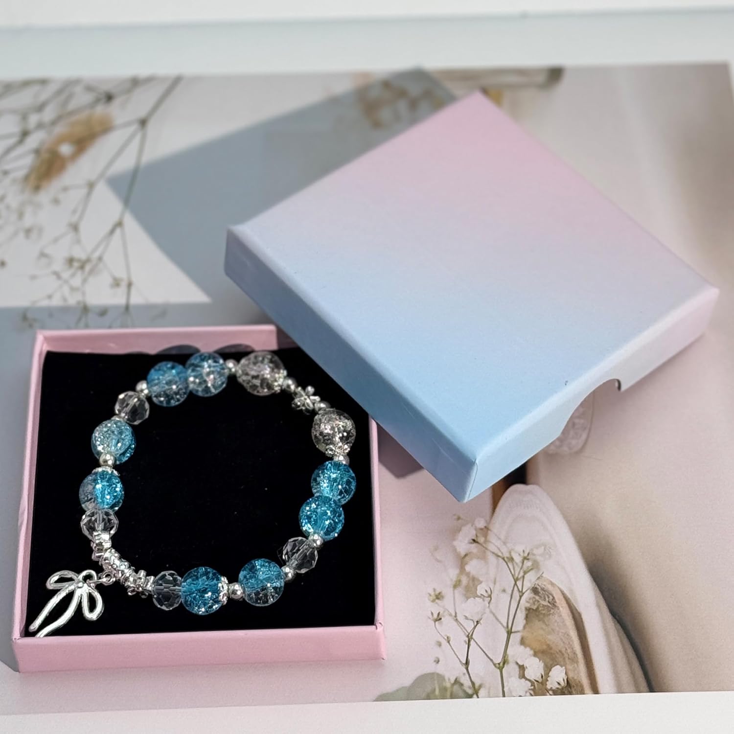 Shimmer Bow knot Glass Bead Stretch Bracelet aura Charm Couples Bracelets for Women, Inspirational Gifts for Mom，Daughter Sister and Best Friend - Image 2