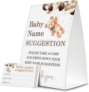 Baby Name Suggestion For Baby Shower Games, Little Bear Balloon Themed Name Suggestion Game Card, Party Favors Supplies Decorate For Baby Showers Game Cards, 1 Sign & 50 Cards Per Pack –(bbname-003)