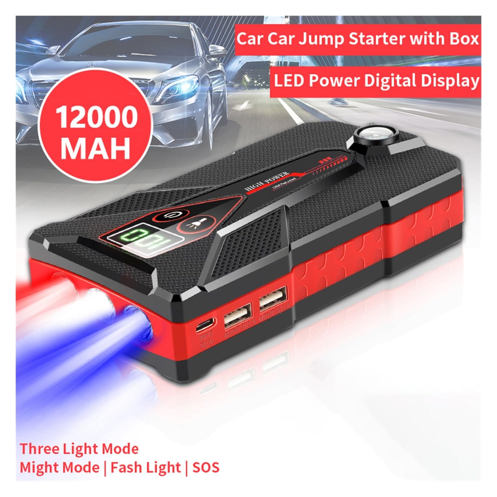 Arrancador de Coche portátil de 12000 mAh, batería de Emergencia, Pantalla Digital, 12 V