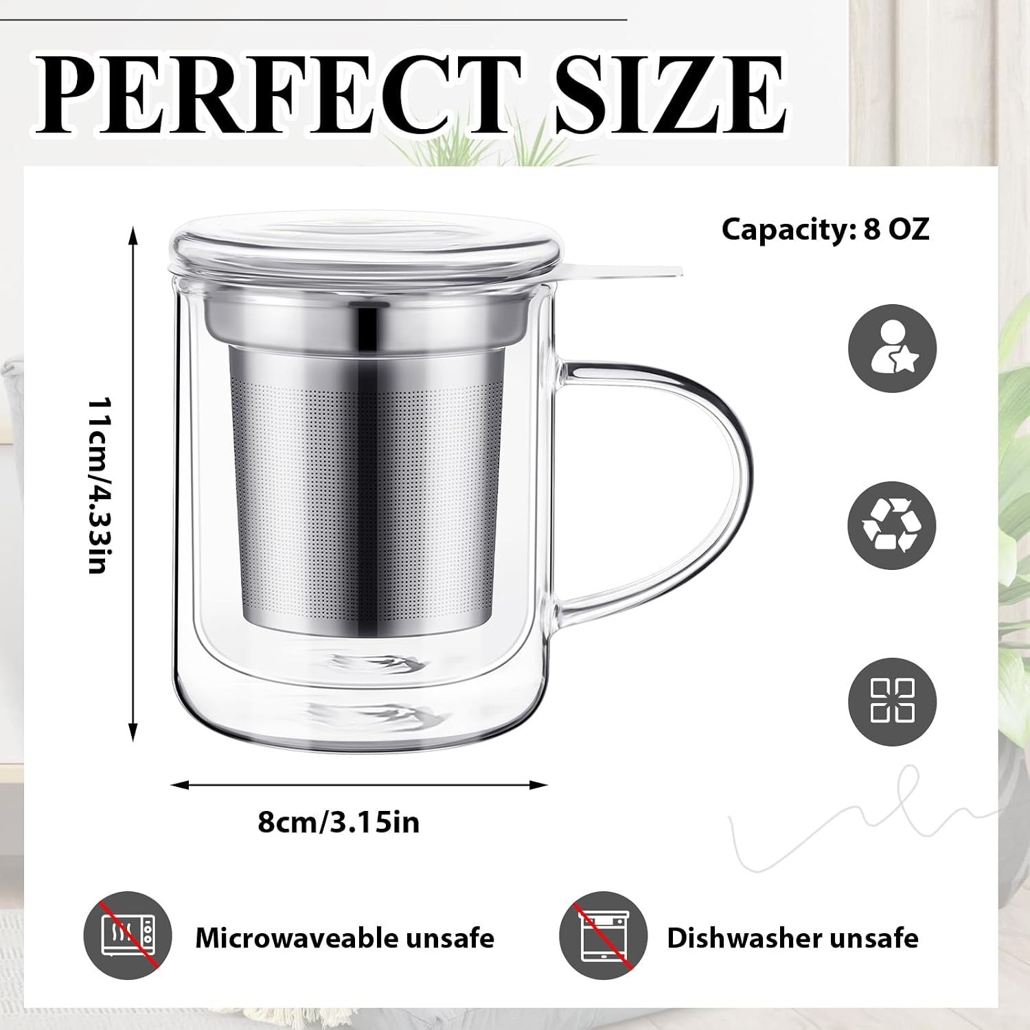 Rtteri 2 Pack Personal Tea Maker Bulk - Insulated Heatproof Glass Cup with Loose Tea Infuser and Lid/coaster - Connoisseur's Choice - 8 oz Borosilicate Glass Infusion Mug